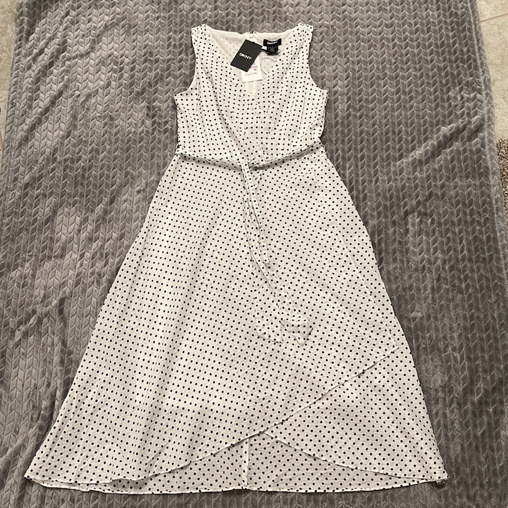 NWT DKNY Midi Faux Wrap Chiffon/crepe Black & White Dress - Picture 2 of 12